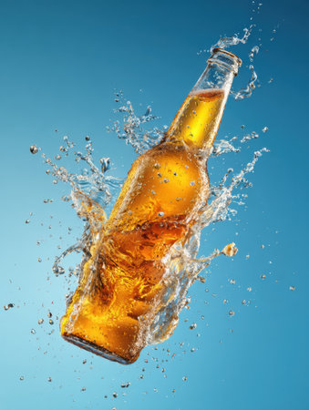 Golden ale bursts in midair with droplets shimmering against a deep blue gradient backdrop, evoking a sense of refreshment and joy during warm moments.の素材