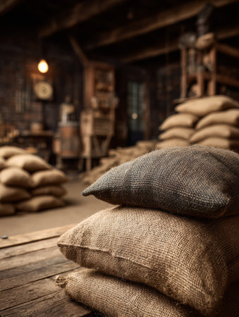 Grain and malt sacks are stacked in a rustic brewery. Shallow focus highlights the texture of the sacks on a weathered wooden table.の素材