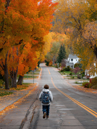 A student walks towards school on a clear road bordered by colorful autumn foliage, showing the beauty of fall in a peaceful neighborhood.の素材