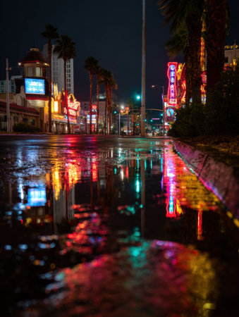 Vibrant neon signs from nearby casinos reflect in a rain-soaked street, creating a colorful display under the night sky, with palm trees lining the area.の素材