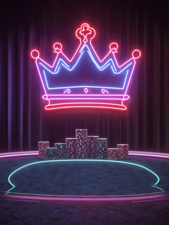 A striking neon crown hovers above a circular poker table filled with colorful stacks of chips, set in a lively gaming environment at night.の素材