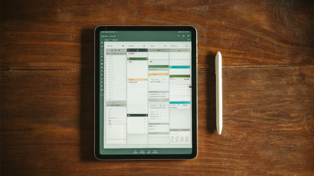 Overhead view of a tablet featuring a digital planner next to a stylus on a clean wooden table, indicating organization and planning activities.の素材