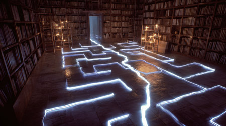A maze formed by tall bookshelves features a glowing light path guiding towards an open doorway, creating an intriguing atmosphere in the library.の素材