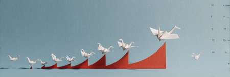A paper origami crane soars over a chart of learning milestones, symbolizing growth and evolution in knowledge acquisition and personal development.の素材