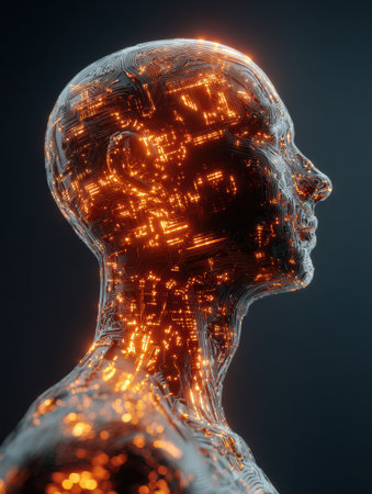 A head in meditation posture showcases intricate glowing circuitry, surrounded by a clean, dark space, creating a serene and futuristic atmosphere.の素材