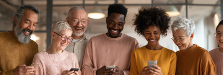 A group of smiling adults participate in a language learning session, using their devices in a bright and collaborative learning environment.の素材