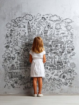 A young girl expresses her aspirations by drawing a colorful mural on a wall while leaving space for more ideas in a cozy living area.の素材