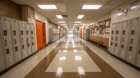 Long view of a school hallway featuring lined lockers on both sides and an open central walkway, creating a calm and spacious atmosphereの素材