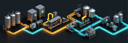 Detailed isometric view of a brewery production line featuring illuminated pipes, machinery, and tanks, set in a sleek and minimalistic environment.の素材