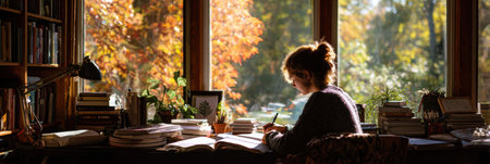 A student is studying intently at a well-organized desk by a window, surrounded by books and illuminated by warm autumn sunlight.の素材