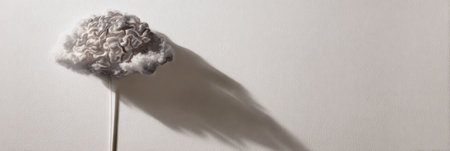 A thought cloud creates a shadow that mimics the shape of a brain against a smooth white wall, emphasizing a minimalist artistic expression.の素材
