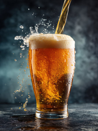 Golden beer cascades into a transparent glass, creating a frothy splash, captured against a dark gradient backdrop that enhances the vibrant color.の素材