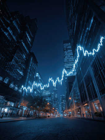 An upward-trending stock market graph is displayed in a nighttime urban setting, highlighting a manipulation of market data against a city skyline.の素材