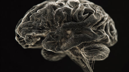 Explore brain topology with intricate neural patterns on a dark backdrop for scientific and educational insights.の素材