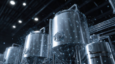 Digital art depicts a high-tech brewing process with advanced machinery and AI elements in a dynamic industrial environment.の素材