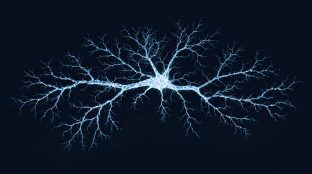 A glowing web of neurons showcases the complexity of neural connections, forming a detailed brain map against a dark background in a clean right section.の素材