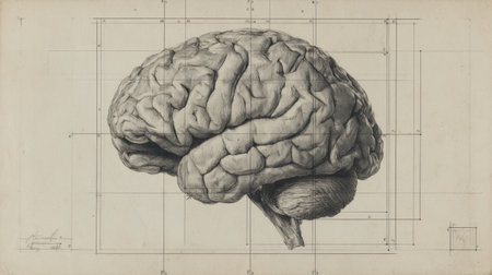 Intricate sketch of a brain showcasing the golden ratio grid overlay, emphasizing anatomical structure and precision, with the upper margin left empty.の素材