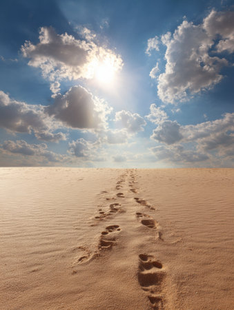 Footsteps create a path through soft sand, guiding towards a bright light in the sky, embodying a journey of self-discovery in a peaceful desert setting.の素材