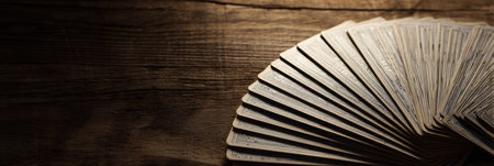 Deck of cards is artistically arranged in a fan shape on a dark wooden table, highlighting the unique patterns and details, with space available on the left.の素材