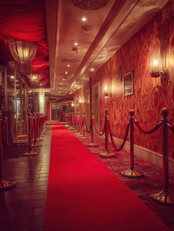 A splendid casino entrance showcases a vibrant red carpet lined with stanchions, elegant wall decor, and subtle lighting creating an inviting atmosphere.の素材