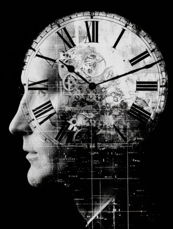 A giant clock face is seamlessly integrated into the head, representing the passage of time and personal growth against a minimalist background.の素材