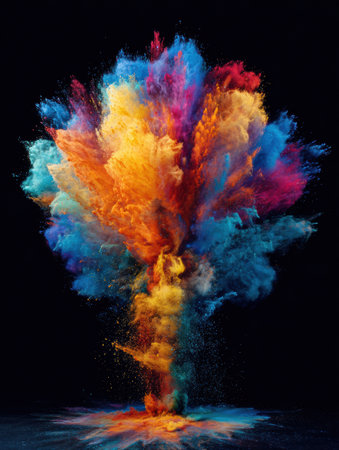 An explosion of vibrant colors in abstract form mimicking a brain shape stands out against a black canvas, offering visual intrigue and inspiration.の素材