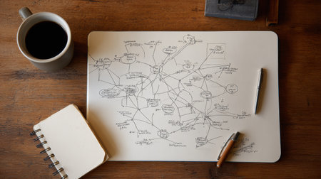 A detailed mind map sketch spreads across a wooden desk, showing various interconnected ideas. A coffee cup and notebook enhance the creative atmosphere.の素材