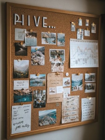 Cork board displays a vibrant collage filled with motivational affirmations, scenic photos, goals, and a progress chart, creating an inspiring environment.の素材