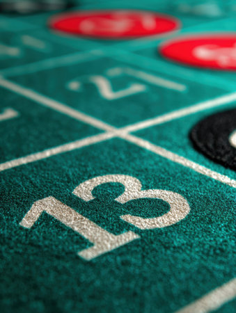 A detailed perspective on a bet marker showing number thirteen on green cloth, surrounded by other markers in a lively casino atmosphereの素材