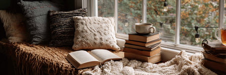 Embrace comfort in a serene nook featuring a cozy blanket, a cup of tea, and a stack of books by the window, inviting relaxation and reading enjoyment.の素材