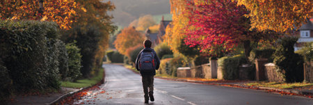 A student strolls down a clean road, flanked by stunning autumn trees, as colorful leaves create a picturesque pathway to school on a crisp morningの素材