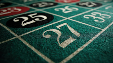 Betting marker on green table cloth highlights a number while the surrounding markers represent other bets during a vibrant casino atmosphereの素材