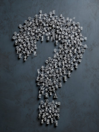 Connected concepts and symbols form a striking question mark on a chalkboard, with the upper area showing a distinct fade, inviting curiosity and thought.の素材