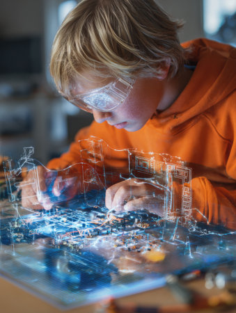 Child engages in building a circuit while receiving help from an AI program on the screen, using glowing tools in a tidy workspace filled with excitement.の素材