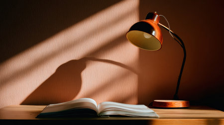 A desk lamp provides warm light over an open textbook, casting gentle shadows in a minimalistic study area, creating a calm and inviting ambianceの素材