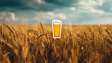 Golden wheat sways gently in a field with a beer icon hovering above, embodying the spirit of harvest season and outdoor enjoyment under a vast sky.の素材