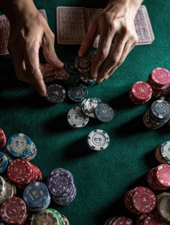 Players are focused on a thrilling card game, pushing colorful chips into the pot, surrounded by intricate card designs and textures.の素材