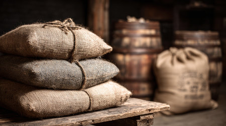 Grain and malt sacks are stacked on a wooden table in a rustic brewery, surrounded by aging barrels and a warm, inviting ambiance that evokes tradition.の素材