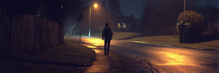 Walking home after an exam, a student reflects on the day as moody lighting casts shadows along the open road in a quiet neighborhood at night.の素材