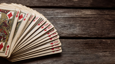 Playing cards are fanned out in an arc on a dark wooden table, creating a serene atmosphere, perfect for games or card tricks.の素材