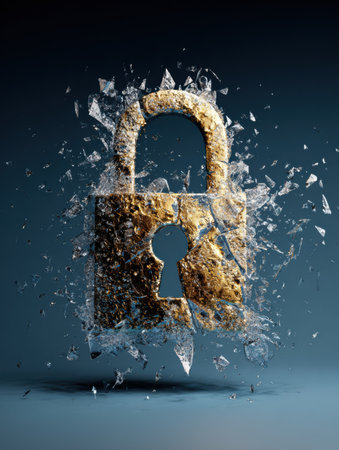 A lock icon is shattered into pieces by a malware bug, with digital debris scattered around the edges, showing the impact of cybersecurity threats.の素材