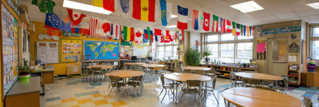 A colorful multilingual classroom features global flags and posters, promoting collaboration and inclusion among students.の素材