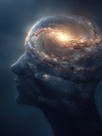 Profile of a human head reveals a galaxy inside the brain, surrounded by vast space, inviting deep thoughts and reflections on the universe.の素材