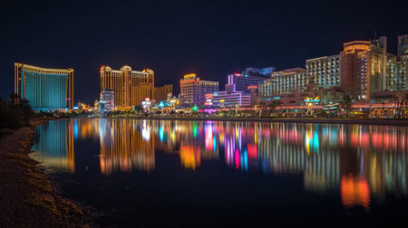 Bright neon lights illuminate the casino skyline at night, creating a stunning reflection on the water below, contributing to a lively atmosphere.の素材