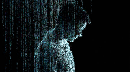 A human silhouette composed of flowing digital code appears in profile against a dark background, representing technology and digital transformation.の素材
