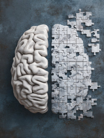 A brain is placed within a puzzle frame, showing the concept of intelligence. The left side remains empty, signifying potential yet to be explored.の素材