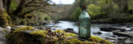 A craft bottle stands on a moss-covered rock beside a gently flowing stream, surrounded by vibrant greenery and the open sky, embodying serenity in nature.の素材