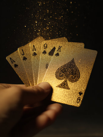 A hand holds a golden flush in poker featuring an ace, king, queen, and nine, sparkling against a dark background during a game night.の素材