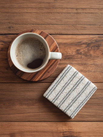 Above view of a neat wooden table with a half-empty mug resting on a coaster, leaving open space for adding items that complement the setting.の素材