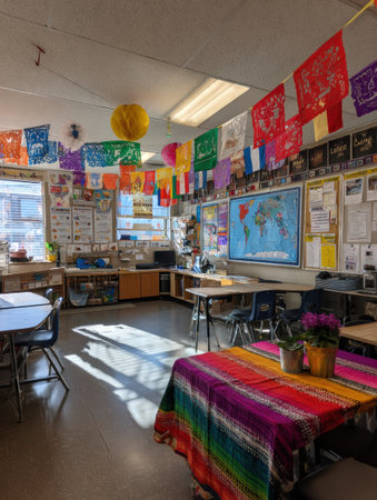 Students join together for World Inclusion Day, showing diverse cultural flags and colorful posters to promote awareness and appreciation in the classroom.の素材